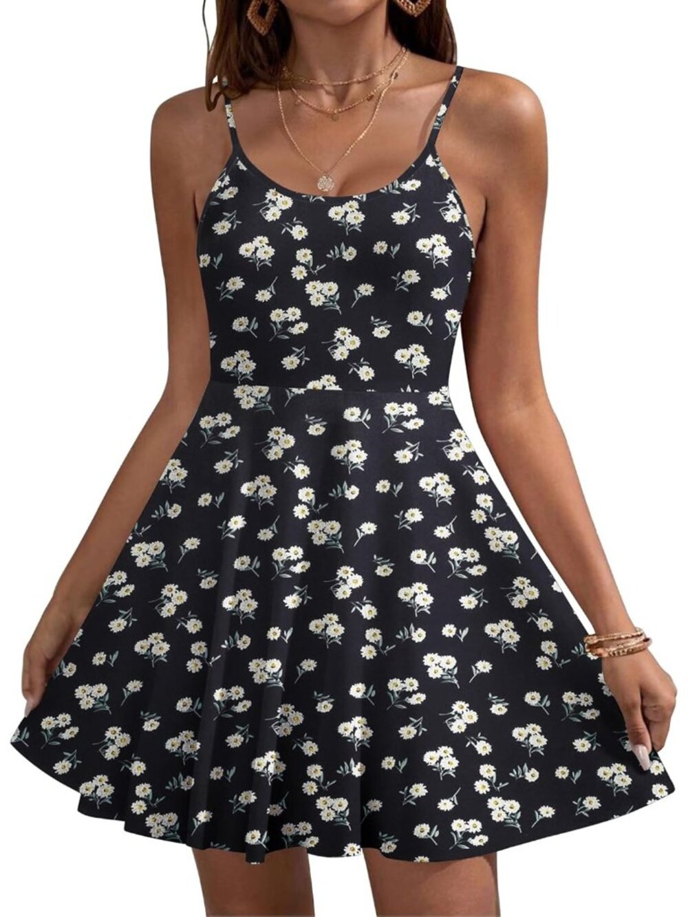 Women's Black Daisy Floral Summer Dress Spaghetti Strap Floral Mini Casual Dress